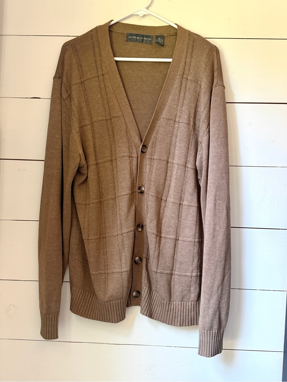 Oscar de la Renta Brown Windowpane V-Neck Cardigan